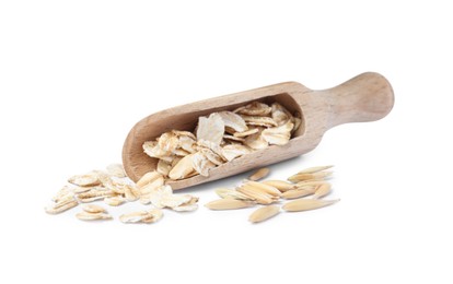 Raw oatmeal and wooden scoop on white background