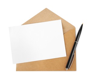 Brown envelope with blank letter and pen on white background, top view
