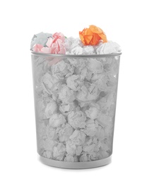 Trash bin with crumpled paper on white background. Lack of ideas