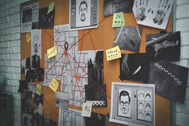 Detective board with stickers, photos, map and clues connected by red string on white brick wall