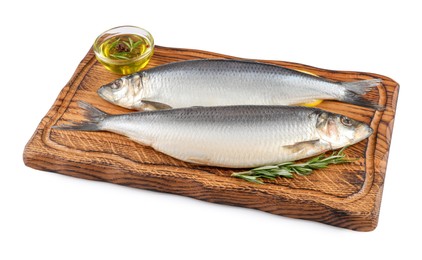 Photo of Wooden board with salted herrings, slices of lemon, oil and rosemary isolated on white