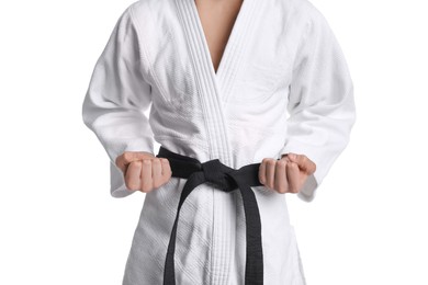 Martial arts master in keikogi with black belt on white background, closeup