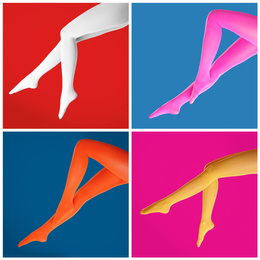 Collage of women wearing different bright tights on color backgrounds, closeup