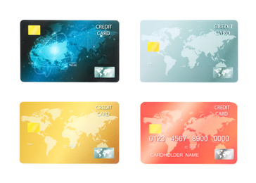 Set of modern credit cards on white background