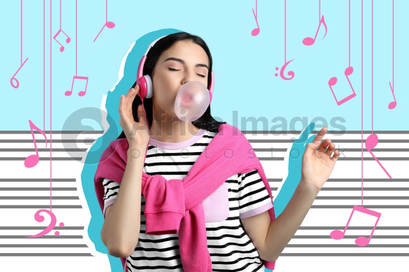 Young woman with headphones blowing bubblegum on colorful background. Bright stylish design