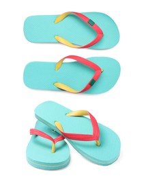 Pairs of turquoise flip flops on white background, collage