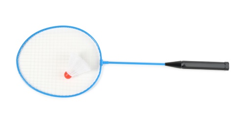 Racket and shuttlecock on white background, top view. Badminton equipment