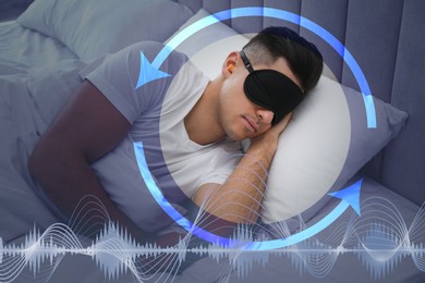 Man with foam ear plugs and mask sleeping in bed. Tips for manage sleep deprivation
