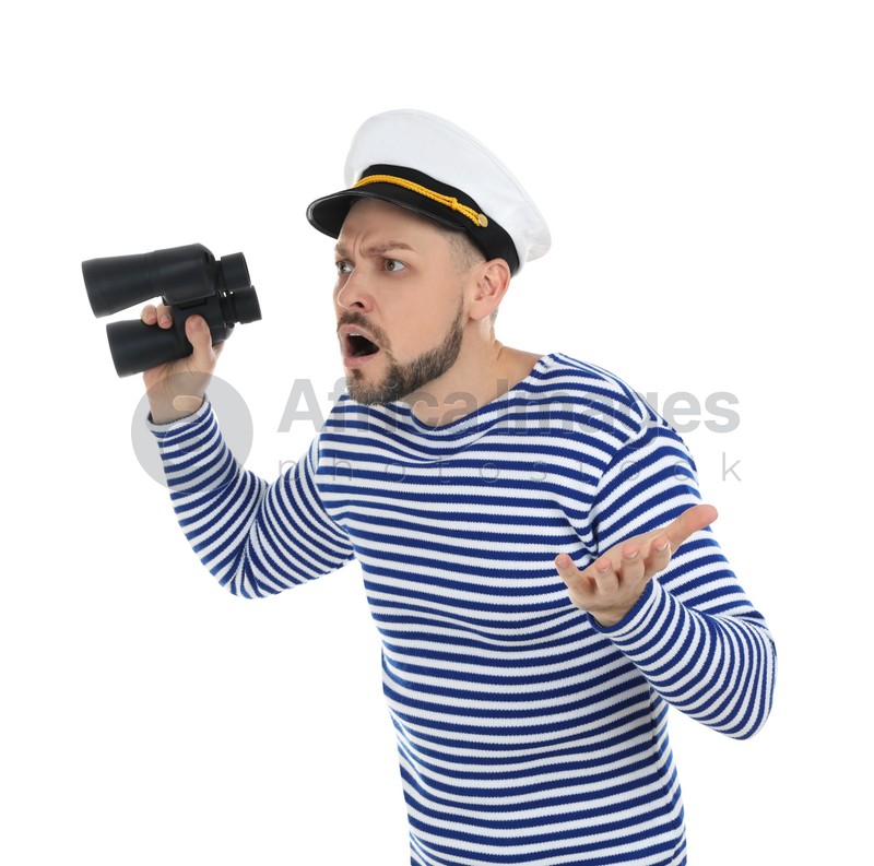 Shocked sailor man with binoculars on white background