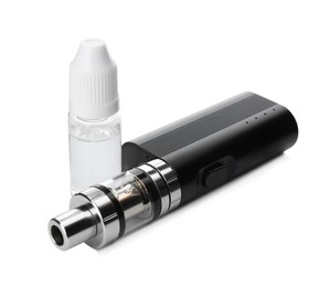 Electronic smoking device and vaping liquid on white background