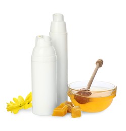 Natural beeswax, different cosmetic products and honey on white background