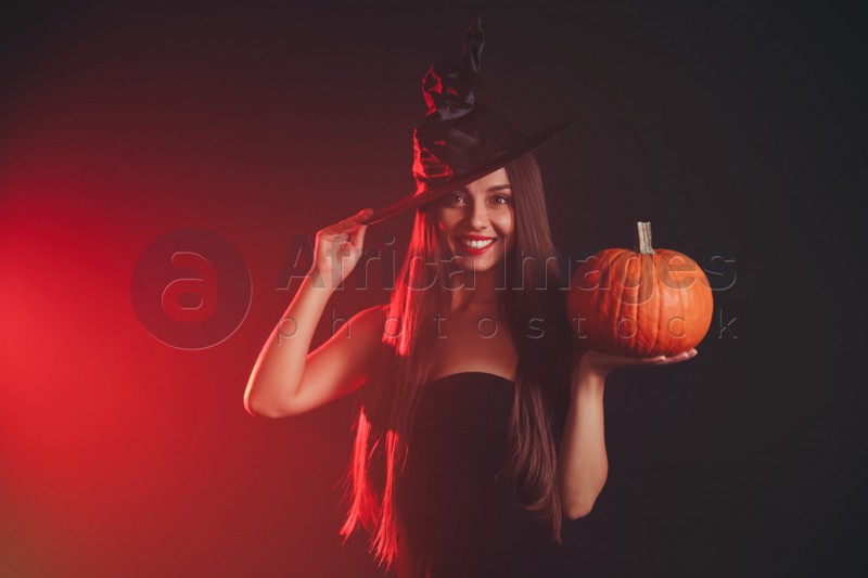 Young woman wearing witch costume with pumpkin on dark  background. Halloween party