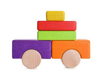 Car made of colorful wooden blocks on white background
