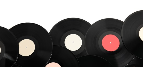 Vintage vinyl records on white background, top view