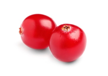 Photo of Fresh red cranberries on white background. Healthy snack