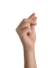 Teenage boy rubbing fingers on white background, closeup