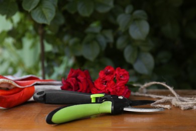 Photo of Secateurs, gardening gloves and flowers on wooden table outdoors. Space for text