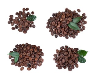 Set with roasted coffee beans on white background, top view