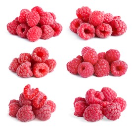 Set with heaps of delicious ripe raspberries on white background