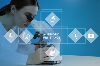 Scientist using modern microscope at table in laboratory. Concept of antibiotic resistance