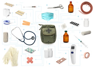 First aid kit.  Set with different medical supplies on white background