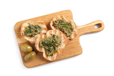 Tasty bruschettas with pesto, rosemary and olives on white background, top view