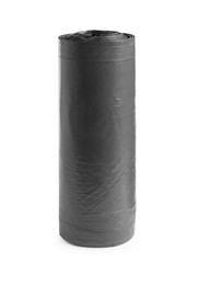 Roll of grey garbage bags on white background. Cleaning supplies