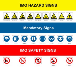 International Maritime Organization (IMO) hazard, mandatory and safety signs, illustration. Poster design