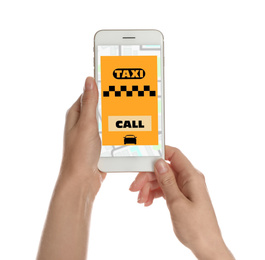 Woman ordering taxi with smartphone on white background, closeup
