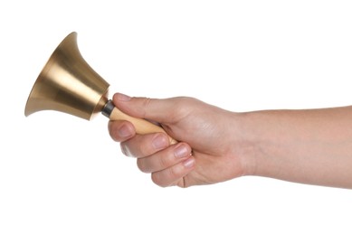 Woman ringing school bell on white background, closeup