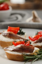 Photo of Delicious sandwiches with cream cheese, anchovies and tomatoes on plate, closeup