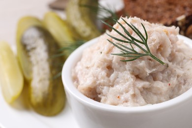 Photo of Delicious lard spread with dill in bowl, closeup