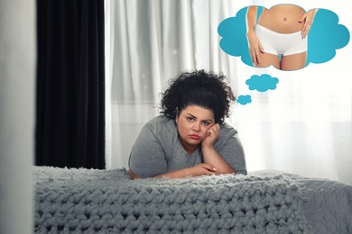Overweight woman dreaming about slim body at home. Weight loss concept