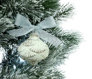 Decorated Christmas tree on white background, closeup