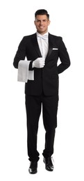 Handsome butler with towel on white background