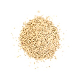 Photo of Pile of quinoa on white background, top view