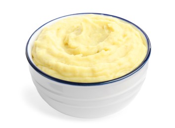 Bowl of tasty mashed potatoes isolated on white