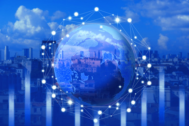 Image of Futuristic communication technology concept. World globe with network illustrations on city background