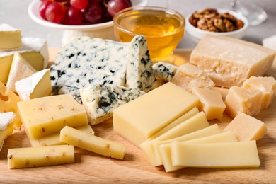 Plate with different sorts of cheese, closeup