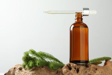 Bottle of hydrophilic oil and fir twigs on white background, space for text
