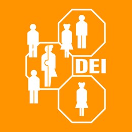 Concept of DEI - Diversity, Equality, Inclusion. Illustration of people and abbreviation on orange background