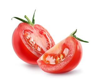 Cut red fresh tomatoes on white background