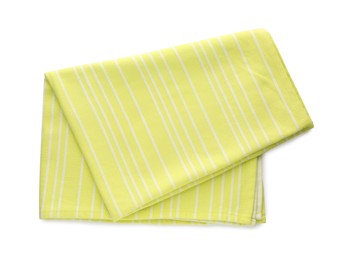 Yellow striped kitchen towel isolated on white, top view