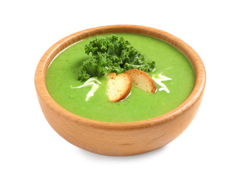 Tasty kale soup with croutons isolated on white