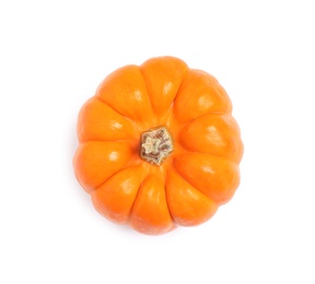 Beautiful ripe orange pumpkin isolated on white, top view