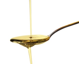 Photo of Pouring cooking oil into spoon on white background