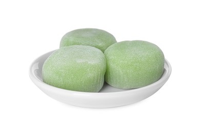 Plate with delicious mochi on white background. Traditional Japanese dessert