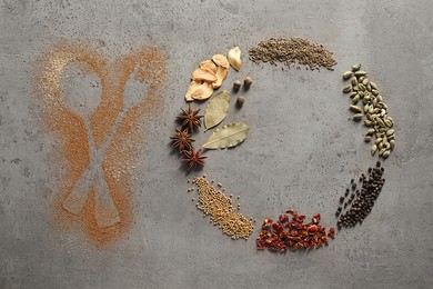 Photo of Frame of different spices and silhouettes of cutlery on grey textured table, flat lay. Space for text