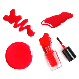Collage of red nail polish on white background, top view