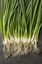 Fresh green spring onions on black wooden table, flat lay